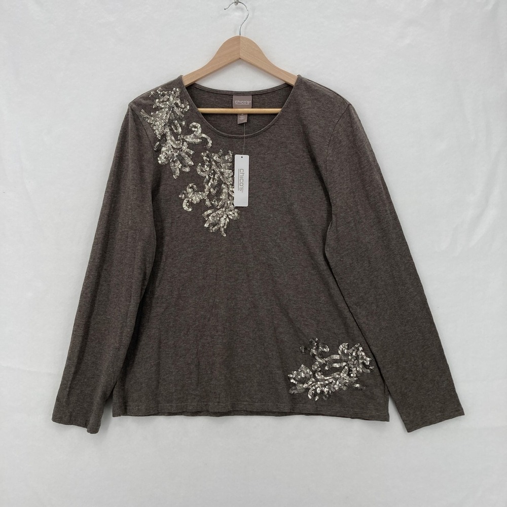 Chicos Sweater Womens 2 Taupe Heather Embellished Scoop Neck Long Sleeve Holiday